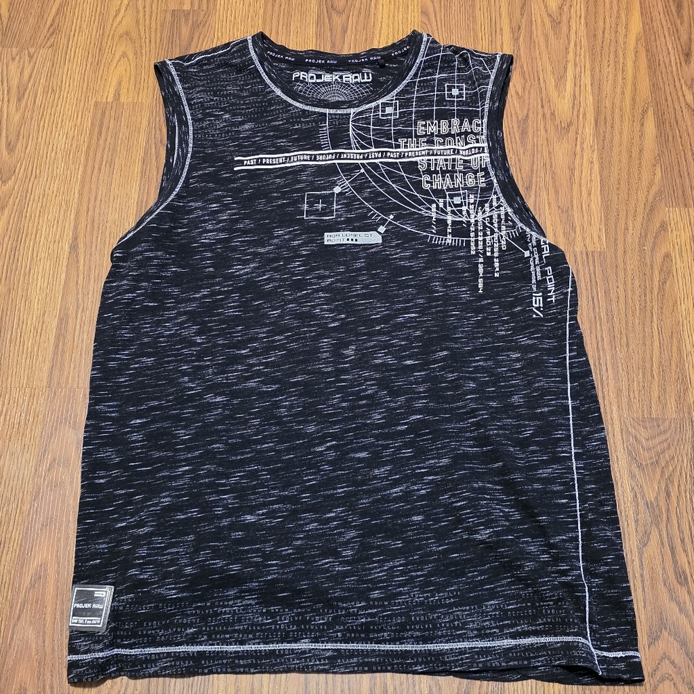 Projek Raw Men’s Large Gray Space Dye Graphic Tank Top Techwear State of Change